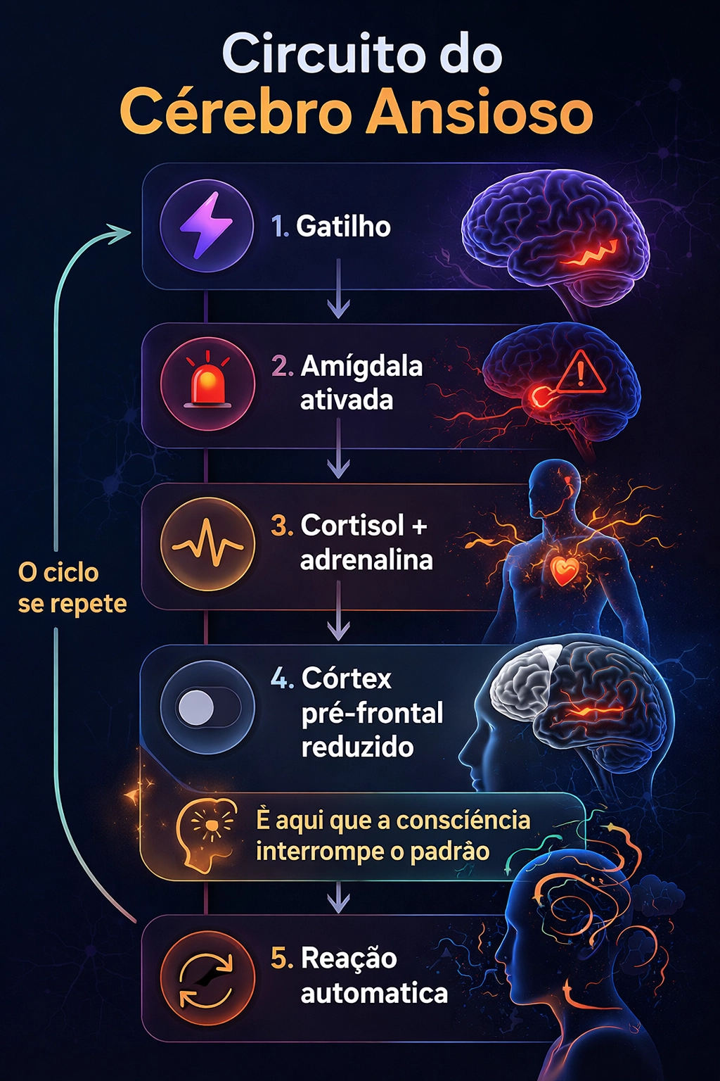 cérebro ansioso com amígdala, cortisol e córtex pré-frontal info